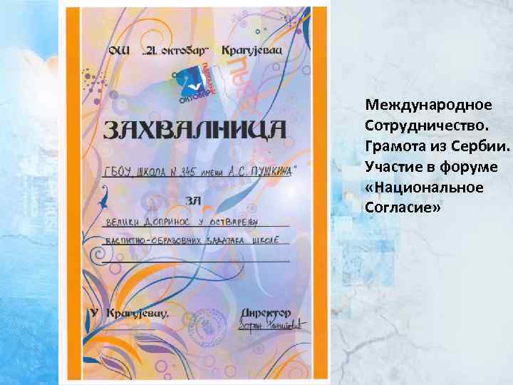 Международное Сотрудничество. Грамота из Сербии. Участие в форуме «Национальное Согласие» 