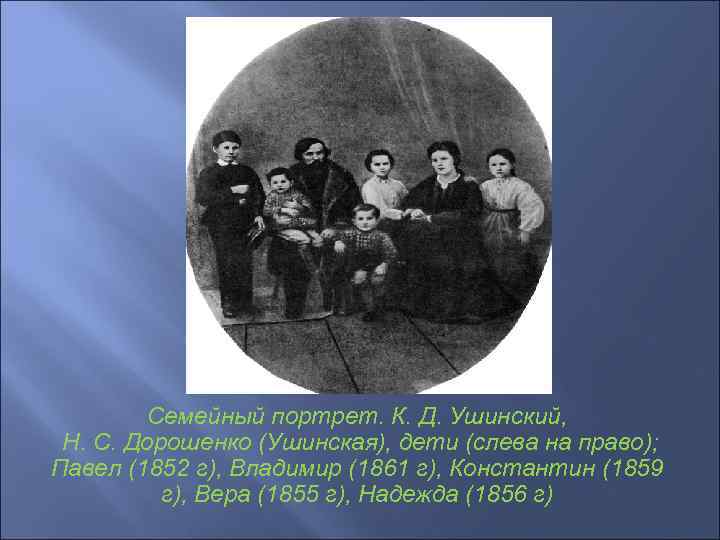 Семейный портрет. К. Д. Ушинский, Н. С. Дорошенко (Ушинская), дети (слева на право); Павел