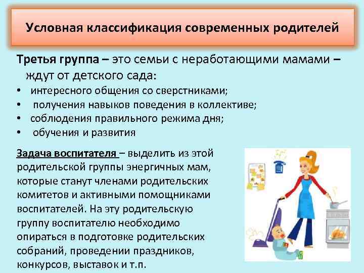 Условная классификация современных родителей Третья группа – это семьи с неработающими мамами – ждут