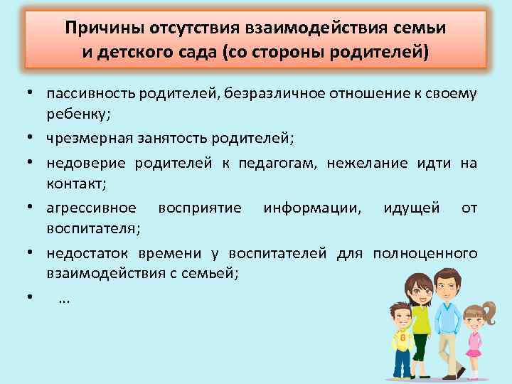 Причины отсутствия взаимодействия семьи и детского сада (со стороны родителей) • пассивность родителей, безразличное