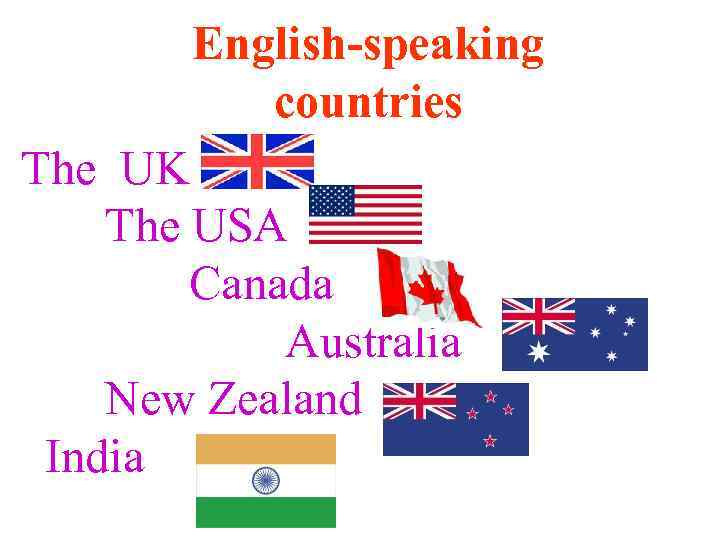 English-speaking countries The UK The USA Canada Australia New Zealand India 