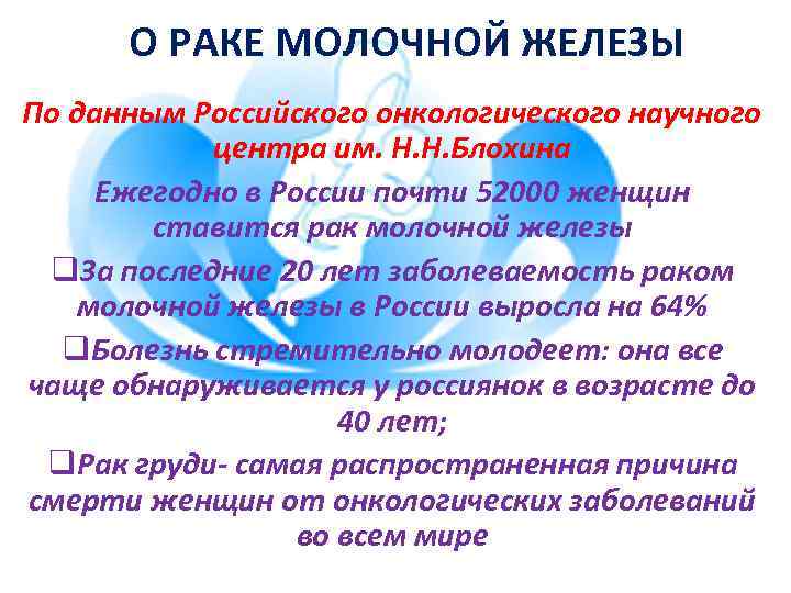О РАКЕ МОЛОЧНОЙ ЖЕЛЕЗЫ По данным Российского онкологического научного центра им. Н. Н. Блохина