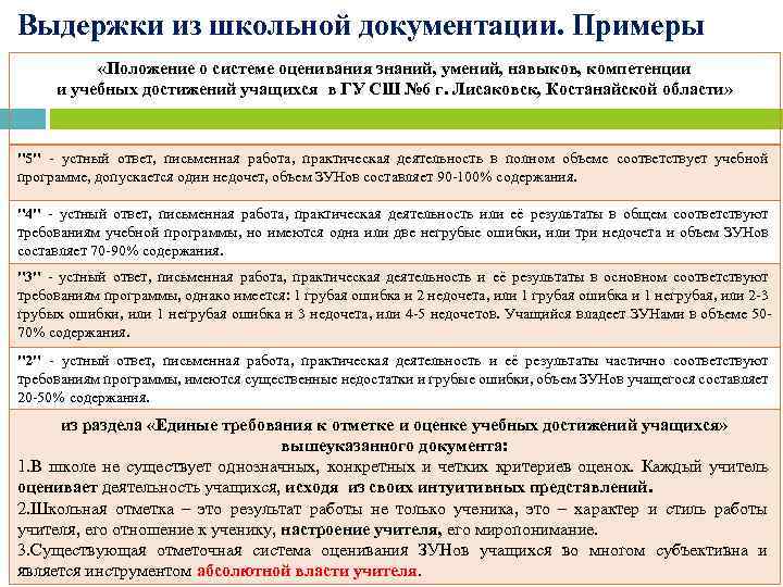 Выдержки из школьной документации. Примеры «Положение о системе оценивания знаний, умений, навыков, компетенции и