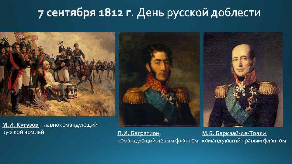 М. И. Кутузов, главнокомандующий русской армией П. И. Багратион, М. Б. Барклай-де-Толли, командующий левым