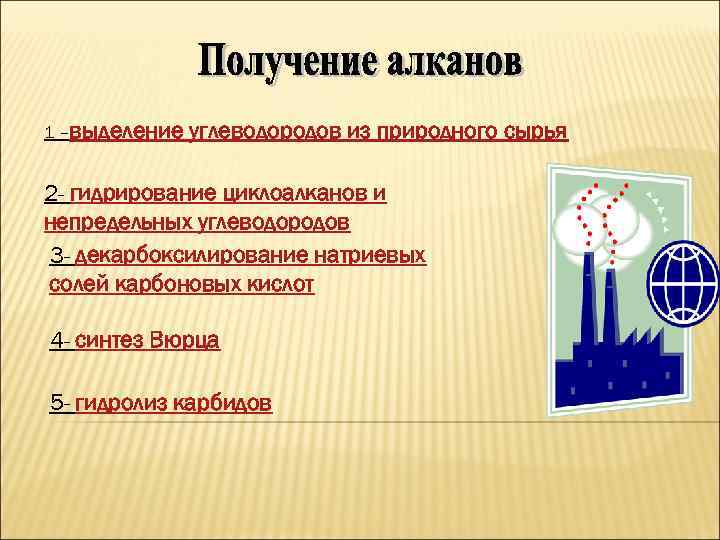 1 –выделение углеводородов из природного сырья 2 - гидрирование циклоалканов и непредельных углеводородов 3