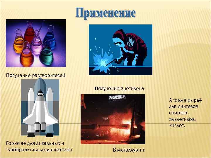 Получение растворителей Получение ацетилена А также сырьё для синтезов спиртов, альдегидов, кислот. Горючее для