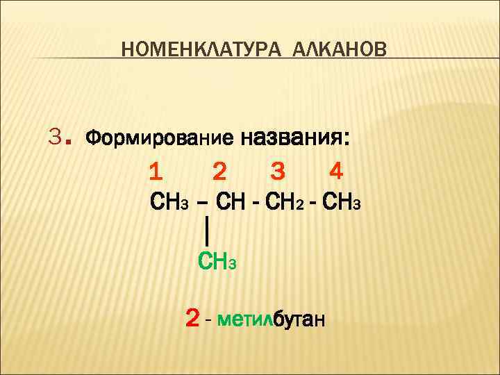НОМЕНКЛАТУРА АЛКАНОВ . 3 Формирование названия: 1 2 3 4 CH 3 – CH