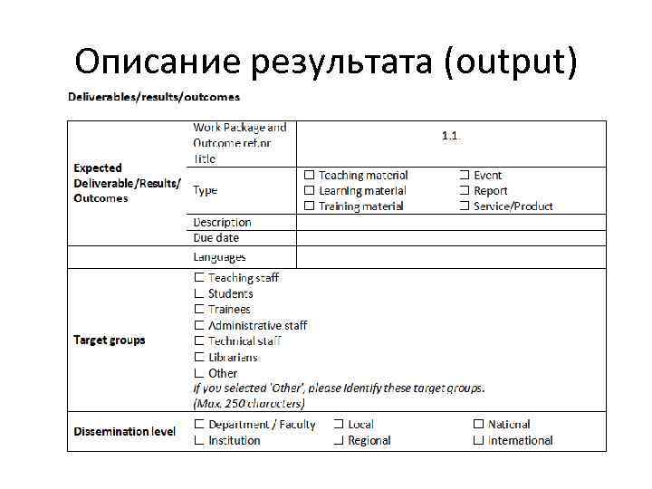 Описание результата (output) 