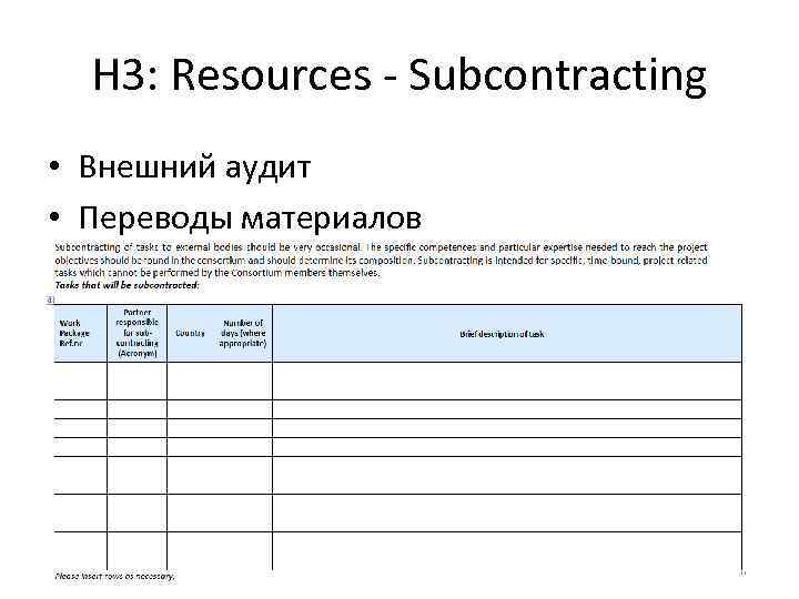 H 3: Resources - Subcontracting • Внешний аудит • Переводы материалов 