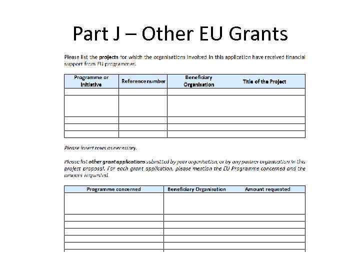 Part J – Other EU Grants 