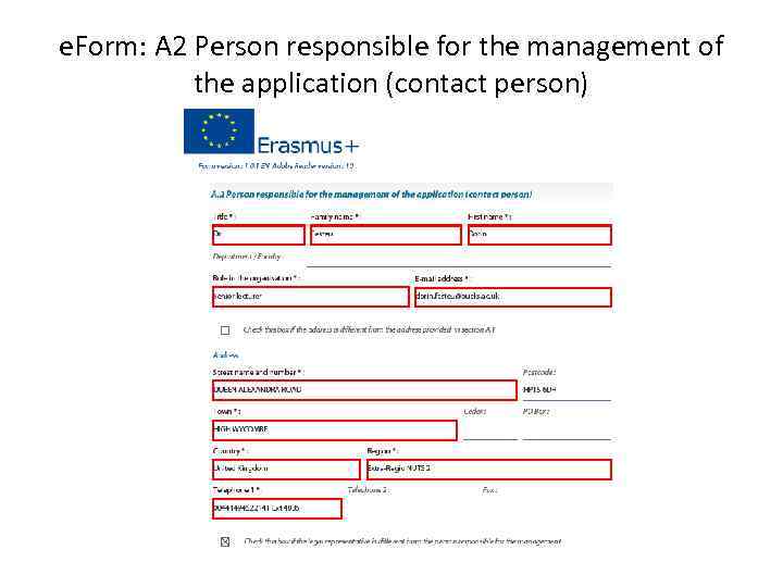 e. Form: A 2 Person responsible for the management of the application (contact person)