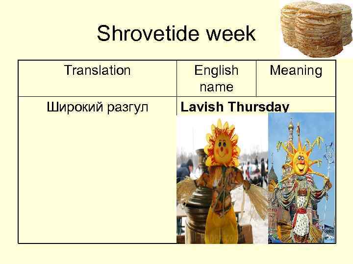 Shrovetide week Translation Широкий разгул English Meaning name Lavish Thursday It was a day