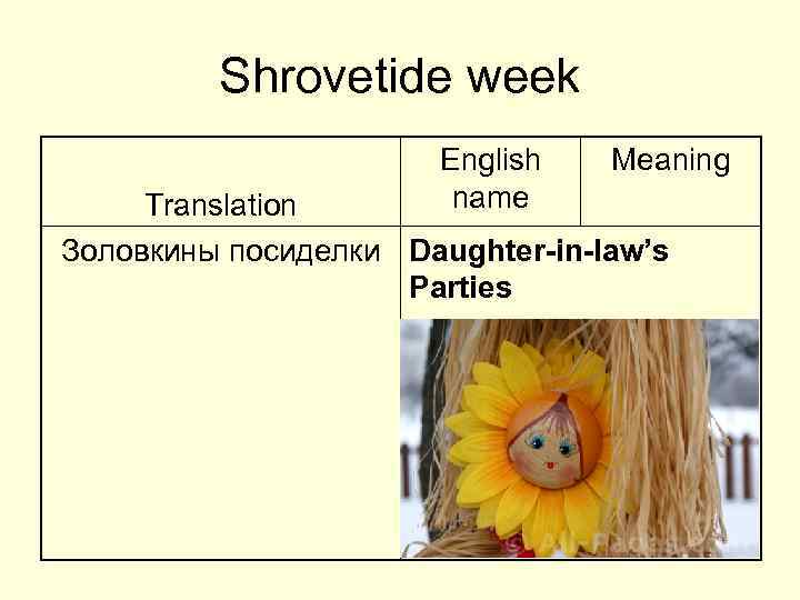 Shrovetide week English name Meaning Translation Золовкины посиделки Daughter-in-law’s Parties Young daughters-in-law were supposed