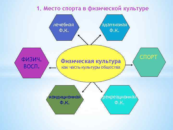 1. Место спорта в физической культуре лечебная Ф. К. ФИЗИЧ. ВОСП. адаптивная Ф. К.