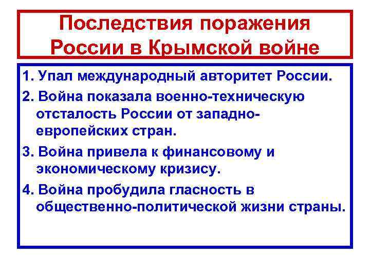 Последствия поражения России в Крымской войне 1. Упал международный авторитет России. 2. Война показала