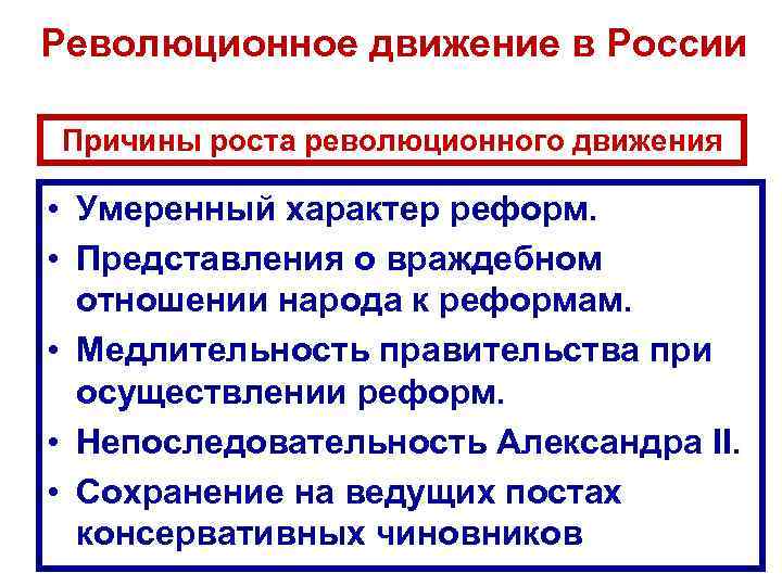 Революционное движение в России Причины роста революционного движения • Умеренный характер реформ. • Представления