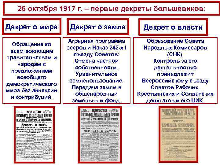 Декреты петроградского совета. Декрет о мире и земле 1917. Первые декреты Большевиков декрет о мире. Декрет о земле 26 октября 1917 г. Таблица декрет о мире о земле о власти.