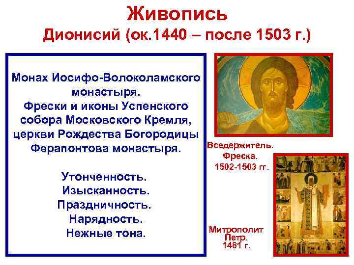 Живопись Дионисий (ок. 1440 – после 1503 г. ) Монах Иосифо-Волоколамского монастыря. Фрески и