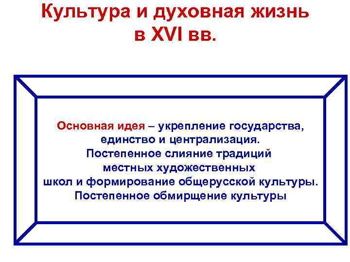 Культура и духовная жизнь в XVI вв. Основная идея – укрепление государства, единство и