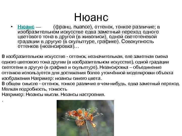 Нюанс • Нюанс — (франц. nuance), оттенок, тонкое различие; в изобразительном искусстве едва заметный