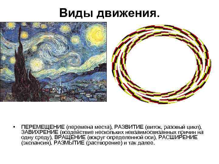 Виды движения. • ПЕРЕМЕЩЕНИЕ (перемена места), РАЗВИТИЕ (виток, разовый цикл), ЗАВИХРЕНИЕ (воздействие нескольких невзаимосвязанных