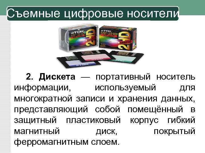 Съемные цифровые носители 2. Дискета — портативный носитель информации, используемый для многократной записи и