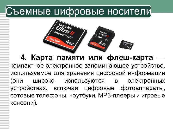 Съемные цифровые носители 4. Карта памяти или флеш-карта — компактное электронное запоминающее устройство, используемое