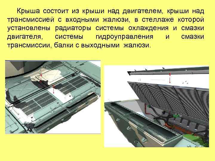Крыша состоит из крыши над двигателем, крыши над трансмиссией с входными жалюзи, в стеллаже