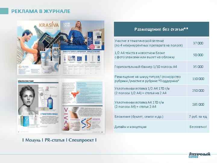 Размещение без статьи** Участие в тематической аптечке (по 4 неконкурентных препарата на полосе) 37