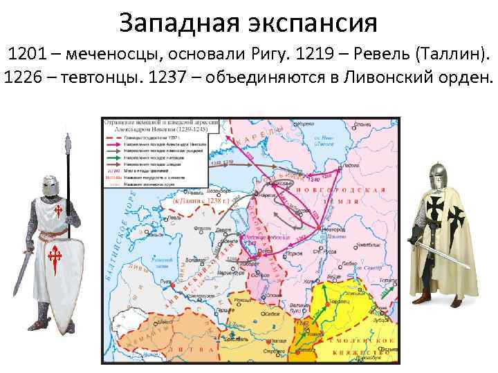 Западная экспансия 1201 – меченосцы, основали Ригу. 1219 – Ревель (Таллин). 1226 – тевтонцы.