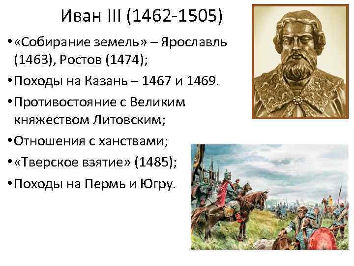 Иван III (1462 -1505) • «Собирание земель» – Ярославль (1463), Ростов (1474); • Походы