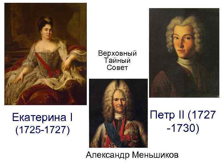 Верховный Тайный Совет Екатерина I (1725 -1727) Петр II (1727 -1730) Александр Меньшиков 