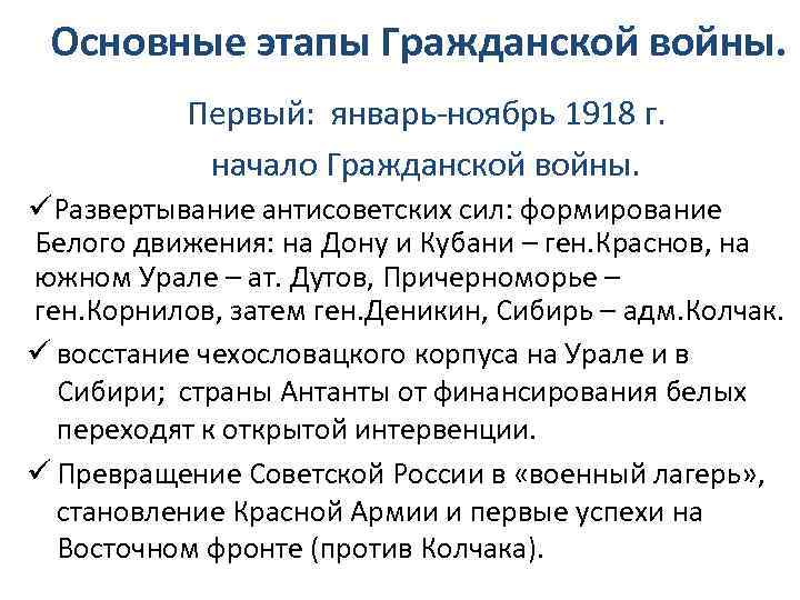 Основные этапы Гражданской войны. Первый: январь-ноябрь 1918 г. начало Гражданской войны. üРазвертывание антисоветских сил: