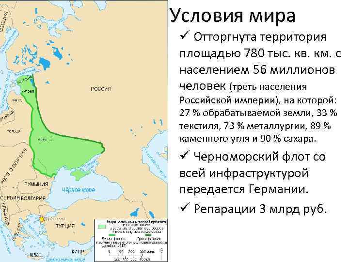 Условия мира ü Отторгнута территория площадью 780 тыс. кв. км. с населением 56 миллионов