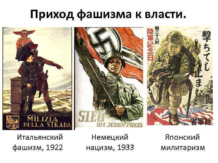 Приход фашизма к власти. Итальянский Немецкий фашизм, 1922 нацизм, 1933 Японский милитаризм 