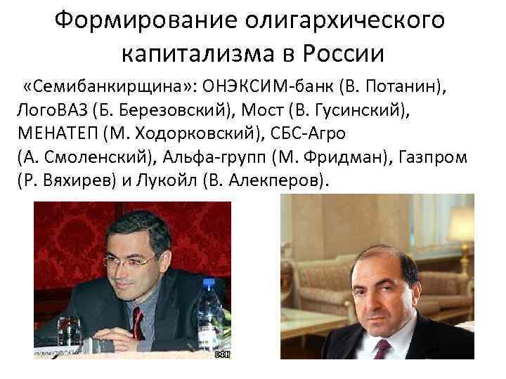 Формирование олигархического капитализма в России «Семибанкирщина» : ОНЭКСИМ-банк (В. Потанин), Лого. ВАЗ (Б. Березовский),