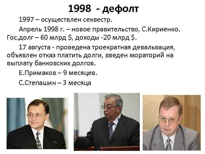 1998 - дефолт 1997 – осуществлен секвестр. Апрель 1998 г. – новое правительство, С.