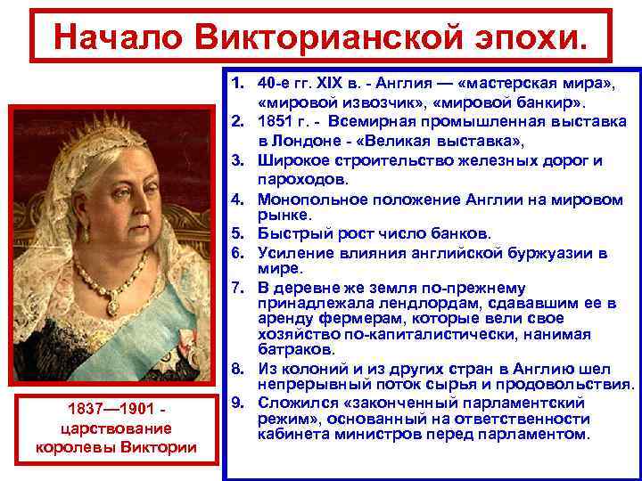Начало Викторианской эпохи. 1837— 1901 царствование королевы Виктории 1. 40 -е гг. XIX в.