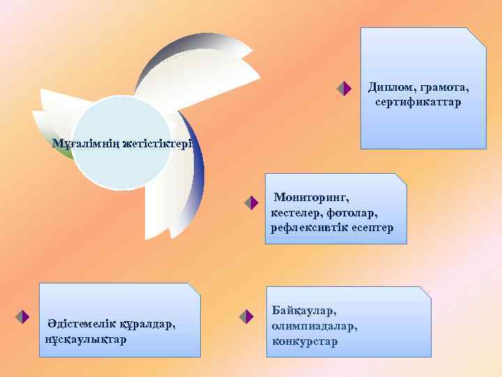 Диплом, грамота, сертификаттар Мұғалімнің жетістіктері Мониторинг, кестелер, фотолар, рефлексивтік есептер Әдістемелік құралдар, нұсқаулықтар Байқаулар,