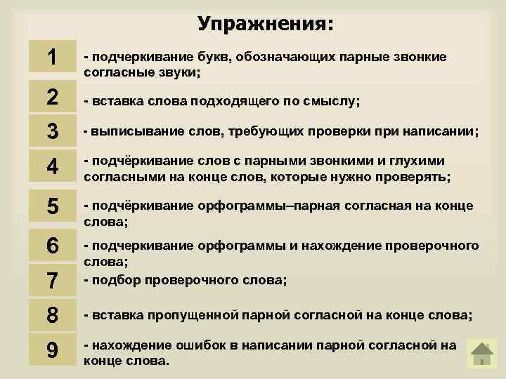 Упражнения: 1 - подчеркивание букв, обозначающих парные звонкие согласные звуки; 2 - вставка слова