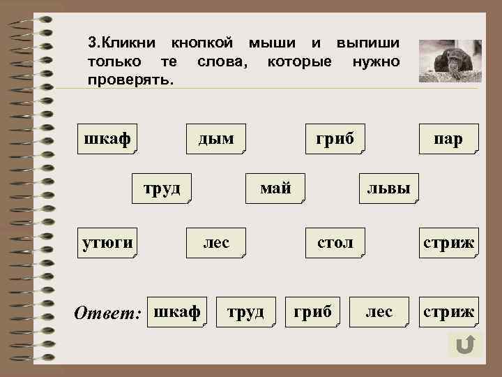 3. Кликни кнопкой мыши и выпиши только те слова, которые нужно проверять. шкаф дым