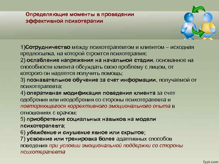 Определяющие моменты в проведении эффективной психотерапии 1)Сотрудничество между психотерапевтом и клиентом – исходная предпосылка,