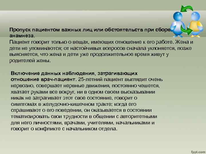 Пропуск пациентом важных лиц или обстоятельств при сборе анамнеза. Пациент говорит только о вещах,