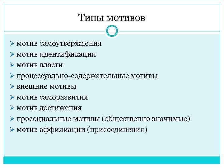 Типы мотивов Ø мотив самоутверждения Ø мотив идентификации Ø мотив власти Ø процессуально-содержательные мотивы