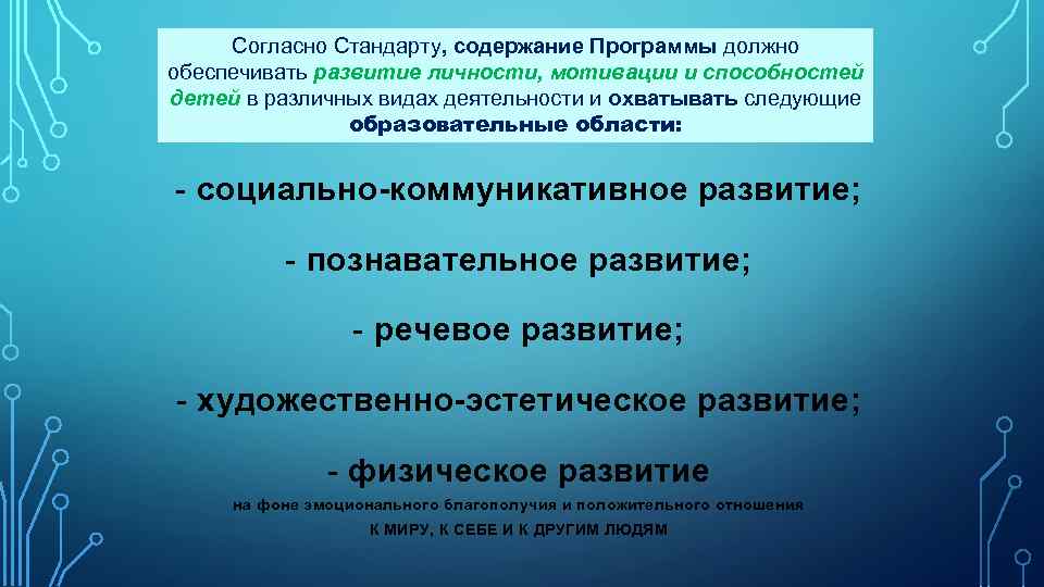 Согласно Стандарту, содержание Программы должно обеспечивать развитие личности, мотивации и способностей детей в различных