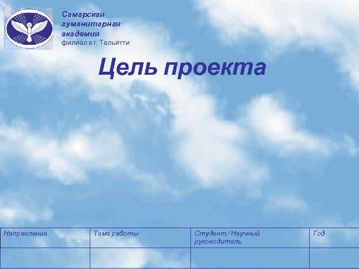 Самарская гуманитарная академия филиал в г. Тольятти Цель проекта Направление Тема работы Студент/ Научный