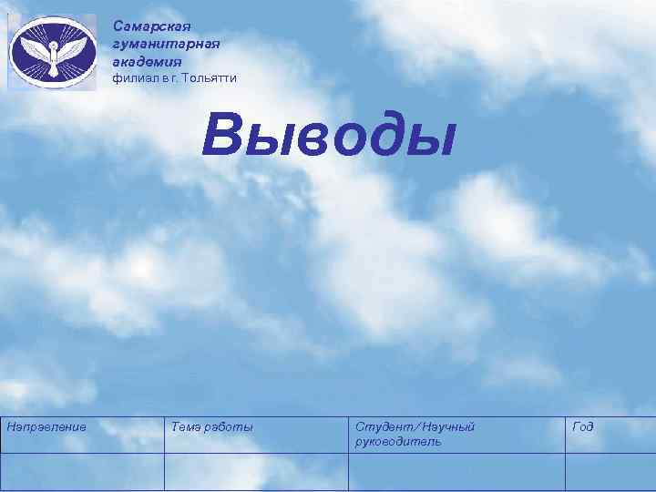 Самарская гуманитарная академия филиал в г. Тольятти Выводы Направление Тема работы Студент/ Научный руководитель