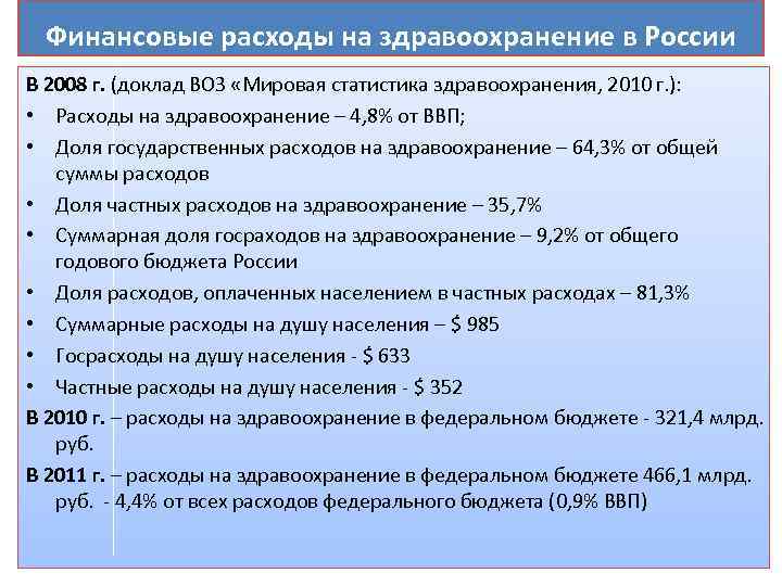  Финансовые расходы на здравоохранение в России В 2008 г. (доклад ВОЗ «Мировая статистика