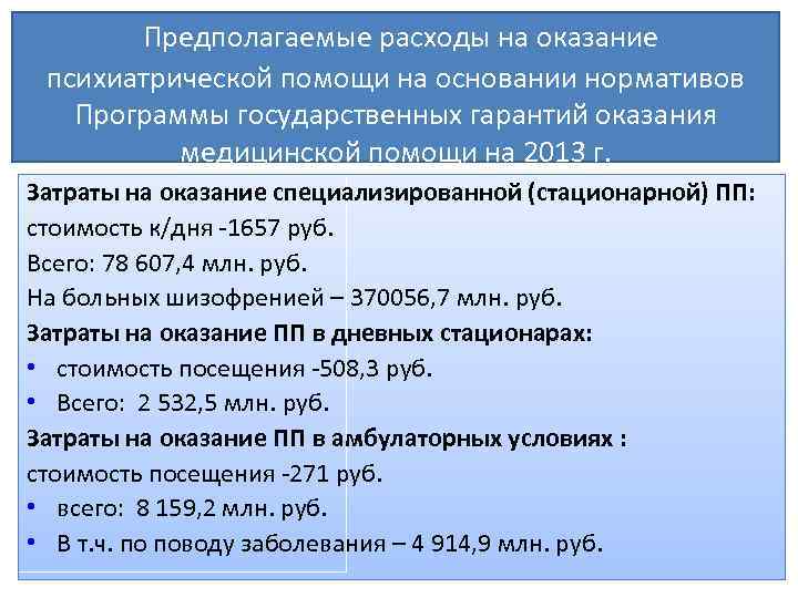  Предполагаемые расходы на оказание психиатрической помощи на основании нормативов Программы государственных гарантий оказания