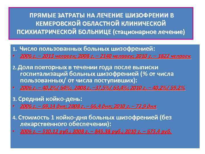  ПРЯМЫЕ ЗАТРАТЫ НА ЛЕЧЕНИЕ ШИЗОФРЕНИИ В КЕМЕРОВСКОЙ ОБЛАСТНОЙ КЛИНИЧЕСКОЙ ПСИХИАТРИЧЕСКОЙ БОЛЬНИЦЕ (стационарное лечение)